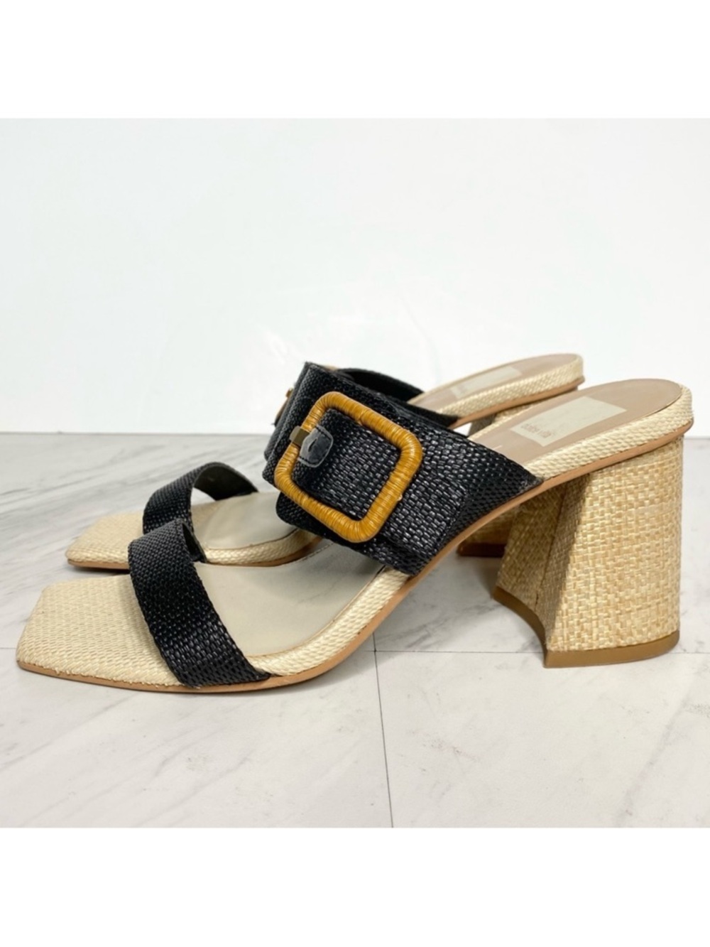Dolce Vita Posy Black Raffia Square Toe Heeled Sandal 7